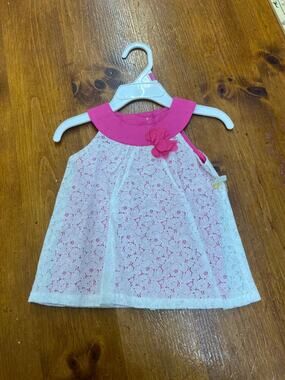 Small Wonders White Lace Dress with Pink Accents – 3–6M